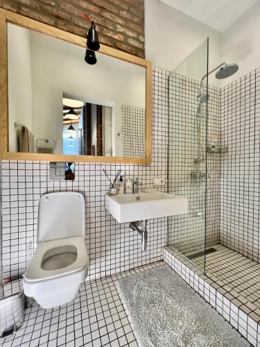 a bathroom with a toilet and a sink and a mirror at Chateau Artwine in Art'ana