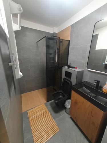 a bathroom with a toilet and a sink and a shower at Sofia Apartment free parking in Sarajevo