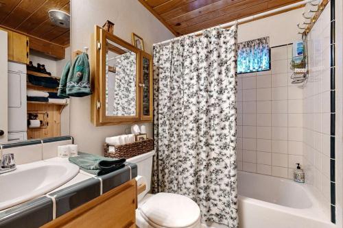 Un baño con bañera, lavabo e inodoro. en Craftsman Hideaway ~ Cabin near the lake and zoo with fireplace, full kitchen, patio, & BBQ, en Big Bear Lake