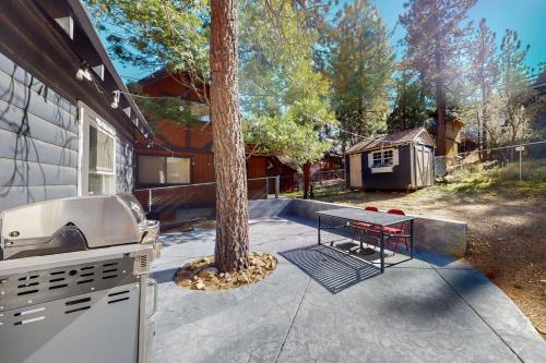 a grill and a picnic table next to a tree at The Summit at Sherwood ~ Dog-friendly cabin with fenced yard, patio, grill, & furnished deck in Big Bear City
