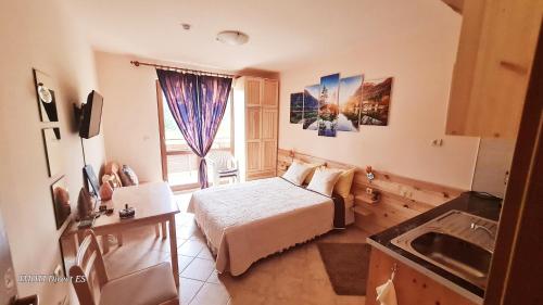 ein Schlafzimmer mit einem Bett, einem Waschbecken und einem Fenster in der Unterkunft Студио PANORAMA MOUNTAIN, до ски писта Пампорово-Стойките in Stoykite