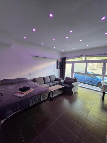 - une chambre avec un lit, un canapé et une grande fenêtre dans l'établissement LoVe 3, au Cap d'Agde