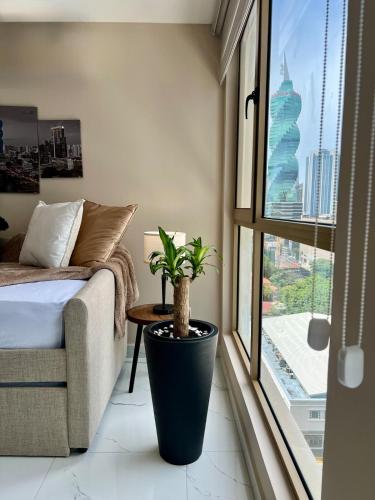 a bedroom with a couch and a potted plant next to a window at Desing House Obarrio by G Housing in El Quije