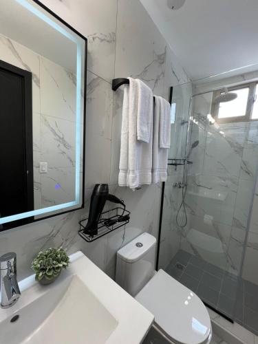 a bathroom with a shower and a toilet and a sink at Desing House Obarrio by G Housing in El Quije