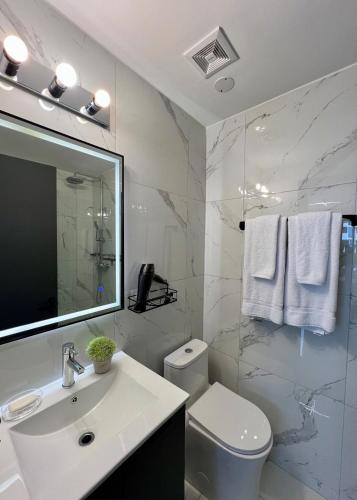 a bathroom with a sink and a toilet and a mirror at Desing House Obarrio by G Housing in El Quije