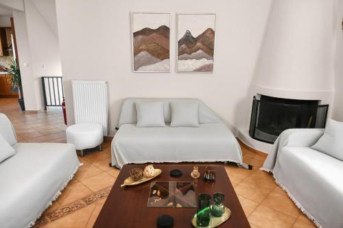 a living room with a bed and a fireplace at Corinthian Green Villa in Vrahati
