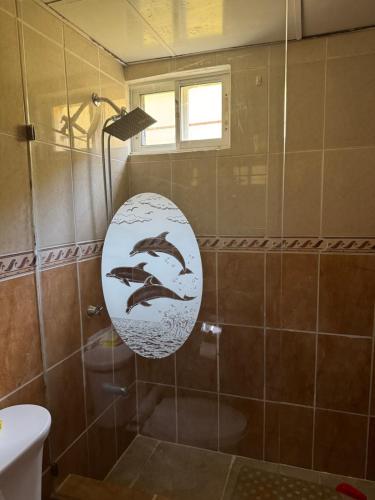 a bathroom with a shower with dolphins on the mirror at Garden condos, unit#8 in Sosúa