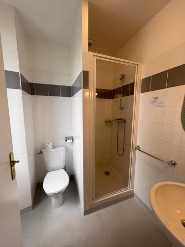 a bathroom with a shower and a toilet and a sink at Hôtel Le Bellevue in Ax-les-Thermes