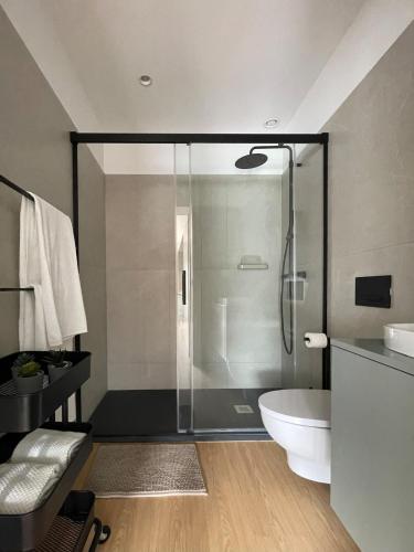 a bathroom with a glass shower and a toilet at Green & Grey Loft in Matosinhos