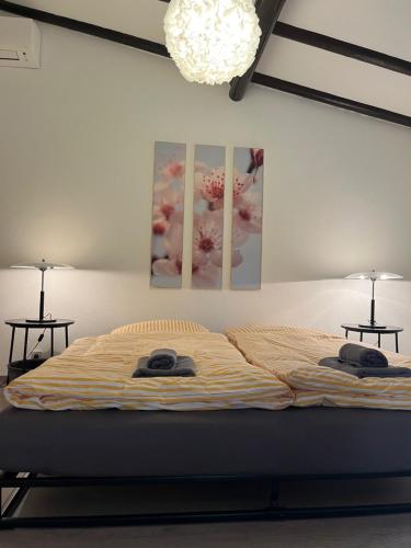 a bedroom with a bed with two lamps on it at Loreley Secret Garden in Bogel