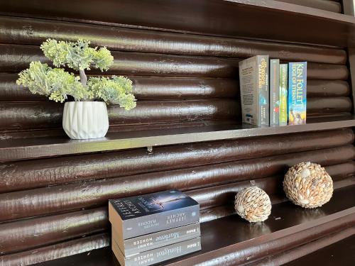 a book shelf with books and a vase with a plant at Loreley Secret Garden in Bogel