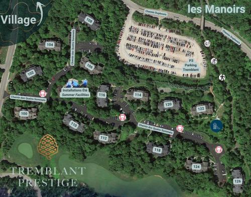 a map of a park with buildings and roads at Tremblant Prestige - Manoir 108-2 in Mont-Tremblant