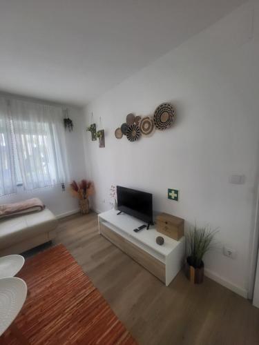 a living room with a flat screen tv on the wall at Spring Water House in Olho Marinho