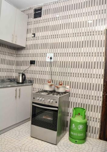 a kitchen with a stove and a green pot at Slim Anyaiwe Apartments in Agbor