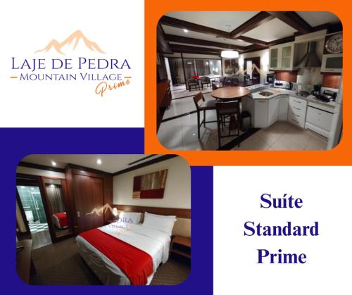 a hotel room with a bed and a kitchen at Laje de Pedra Mountain VillagePrime in Canela
