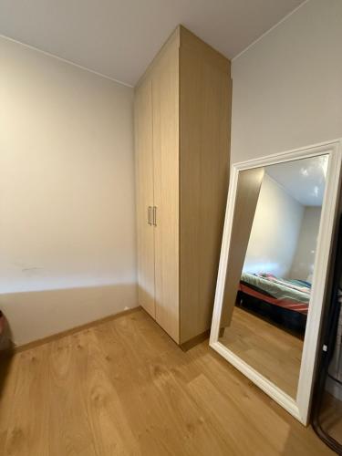 ハフナルフィヨルズゥルにあるApartment in bed roomのベッドルーム(鏡付)、クローゼット(ベッド付)