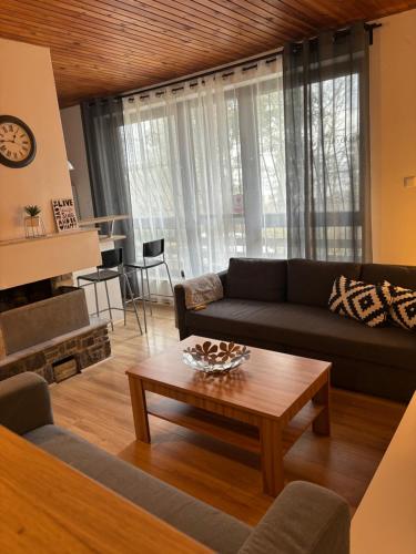 a living room with a couch and a coffee table at Chata Naďa - Zemplínska Šírava in Kaluža