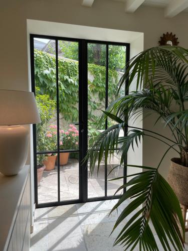 a glass door with a plant in a room at The Herring's Residence - Stylish Private Cottage with Breakfast in Historic Center - Adults-Only in Bruges