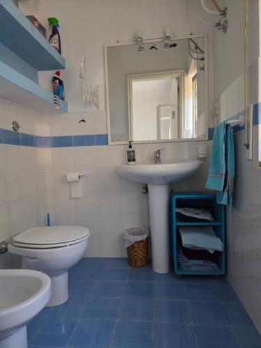 a bathroom with a sink and a toilet and a mirror at Villa Mayla in Ippocampo