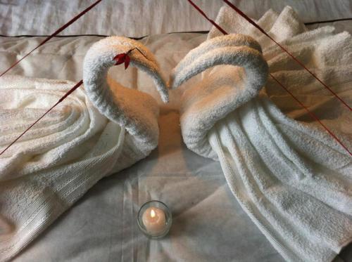 Dos cisnes acostados en una cama con una vela en Hotel Alondra, en Tula de Allende