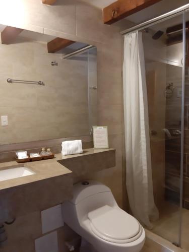 a bathroom with a toilet and a sink and a shower at Hotel El Giro in Villa de Leyva