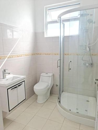 a bathroom with a shower and a toilet and a sink at Family Perfect - Lovely New 2-Bedroom Apartment in Vacoas