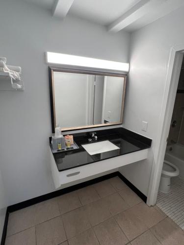 a bathroom with a sink and a mirror at Economy Inn in Kankakee