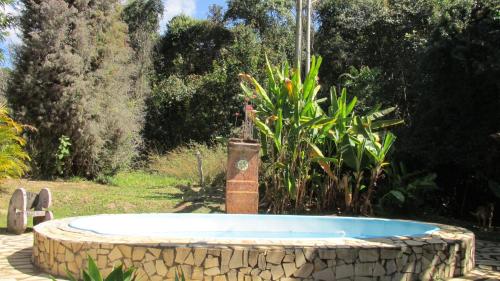 a bird bath in a garden with a fountain at Pousada Alquimia in Aiuruoca
