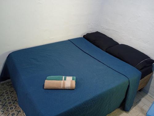ein blaues Bett mit einer blauen Bettdecke und einem Kissen in der Unterkunft Jundu Hospitalidade e Arte in Itanhaém