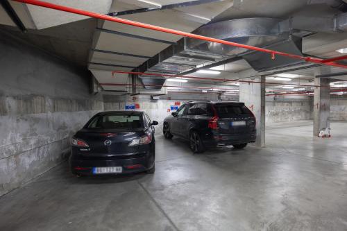 two cars are parked in a parking garage at Spa King Apartments 1 in Belgrade
