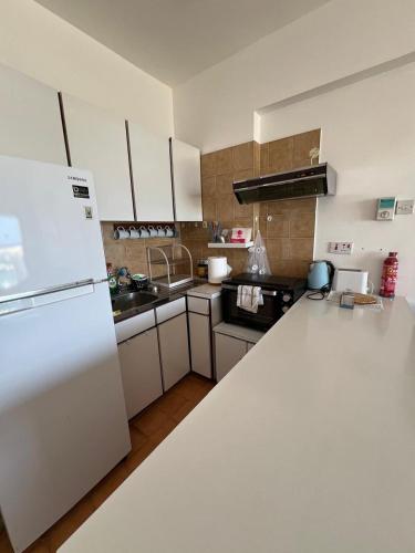 a kitchen with a white refrigerator and a counter at Zygi Beachfront Retreat! in Zygi
