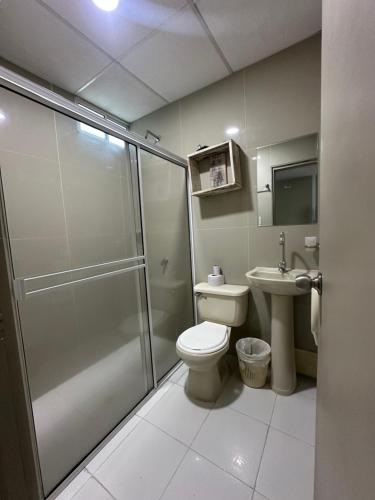 卡塔赫纳Hotel Ibiza Hotel en Cartagena de indias, sector comercial的带淋浴、马桶和水槽的浴室