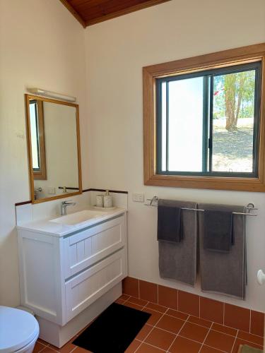 ein Badezimmer mit einem weißen Waschbecken und einem Spiegel in der Unterkunft Yulo Kopa in Ellenborough