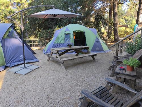 three tents and a picnic table with a table and an umbrella at Glamping Puertecillo Surf & Camp in Puertecillo