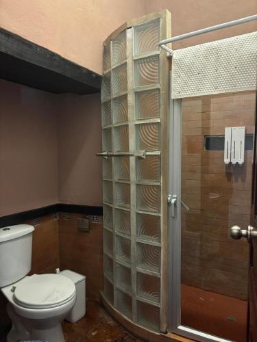a bathroom with a toilet and a shower with shelves at Hotel Boutique Casa de Hacienda Su Merced in Puembo