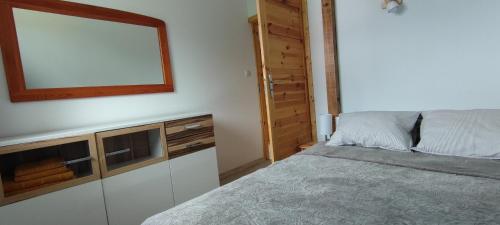 a bedroom with a bed and a mirror on the wall at Na Górce 13 in Polańczyk