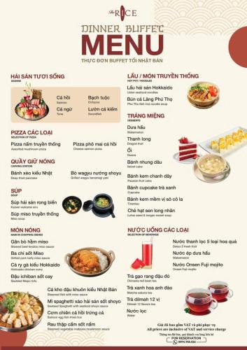 a menu of the dinner buffet menu at Lynn Times Thanh Thuỷ hotspring-KS 35 tầng- My Home in Phú Thọ
