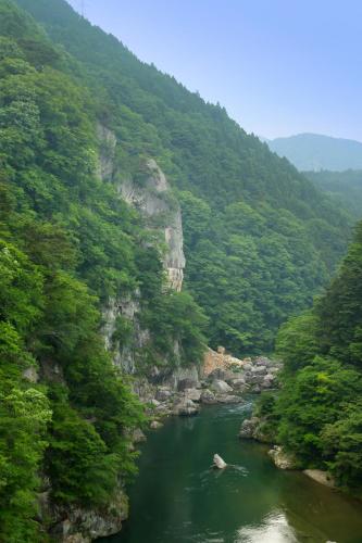 a river in the middle of a green valley at Tsuganoki in Nikko
