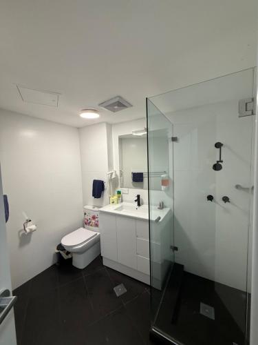 a bathroom with a toilet and a sink and a shower at Bankstown Motel 10 in Bankstown