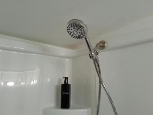 a shower with a shower head in a bathroom at King Bed Creekfront Retreat in Jacksonville in Jacksonville