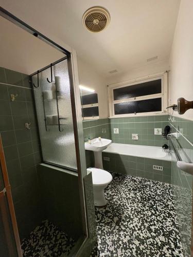 a bathroom with a shower and a toilet and a sink at The Nest at Killara cosy and quiet in Killara