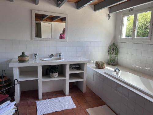 Un baño con lavabo, bañera y espejo. en Domaine Le Rolant, en Montaut