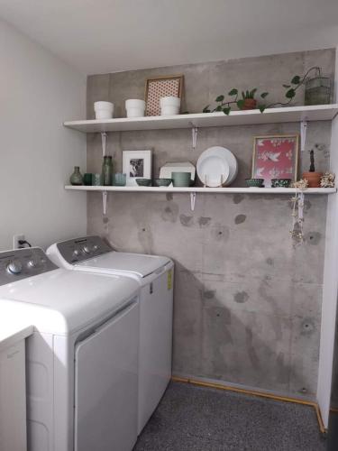 a laundry room with a washing machine and shelves at Cute Condesa Studio Indoor Pool Nice Gym in Mexico City