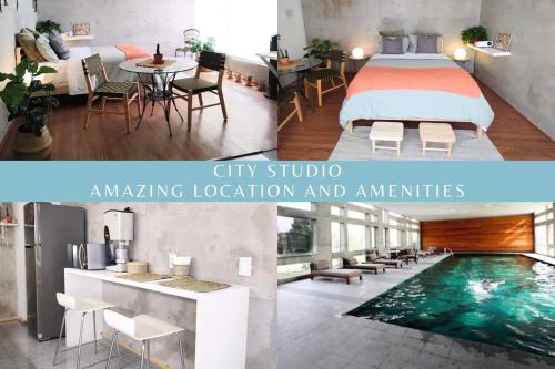 a living room and a bedroom with a bed and a swimming pool at Cute Condesa Studio Indoor Pool Nice Gym in Mexico City