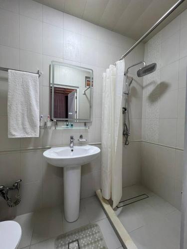 a bathroom with a sink and a shower with a mirror at MIMFRI guest house,hotel in Tashkent