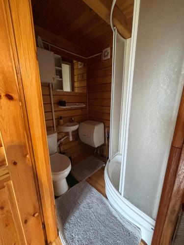 a small bathroom with a toilet and a shower at Hello Kurpie in Nowogród