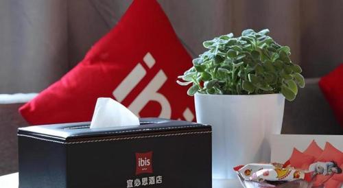 a plant in a white vase next to a box at Ibis Ya An Langqiao in Ya'an