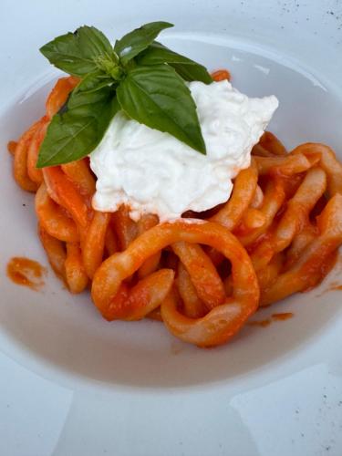 a plate of food with onion rings and whipped cream at Agriturismo La Colmata in Cesa