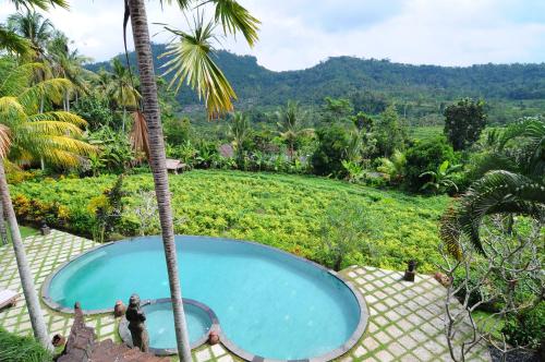 a person standing next to a swimming pool next to a palm tree at Villa Karma Loka in Sidemen
