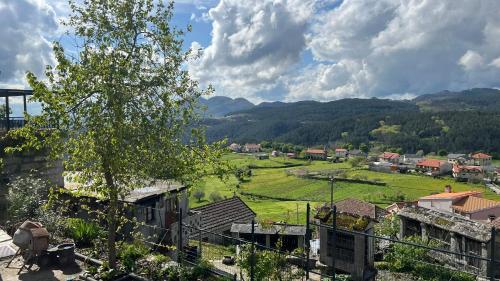 a view of a village with a tree and mountains at Quarto Familiar do Januário in Bilhó